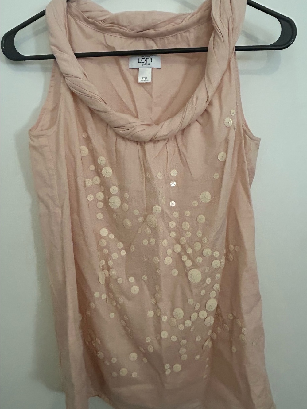 LOFT Blush Pink Sleeveless Tank with Twisted Neck and Gold Sequin Dots